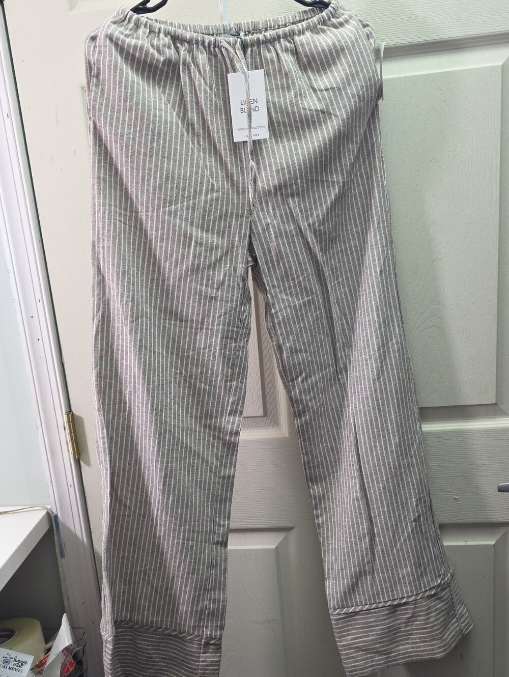 Love Tree Beige and White Striped Drawstring Linen Pants Size S NWT